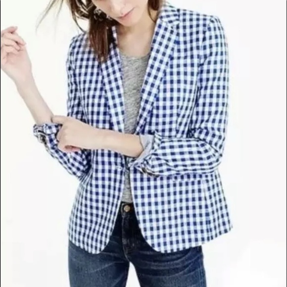 J. Crew linen Blue & White Linen Cambell Gingham Jacket blazer Women Sz 12